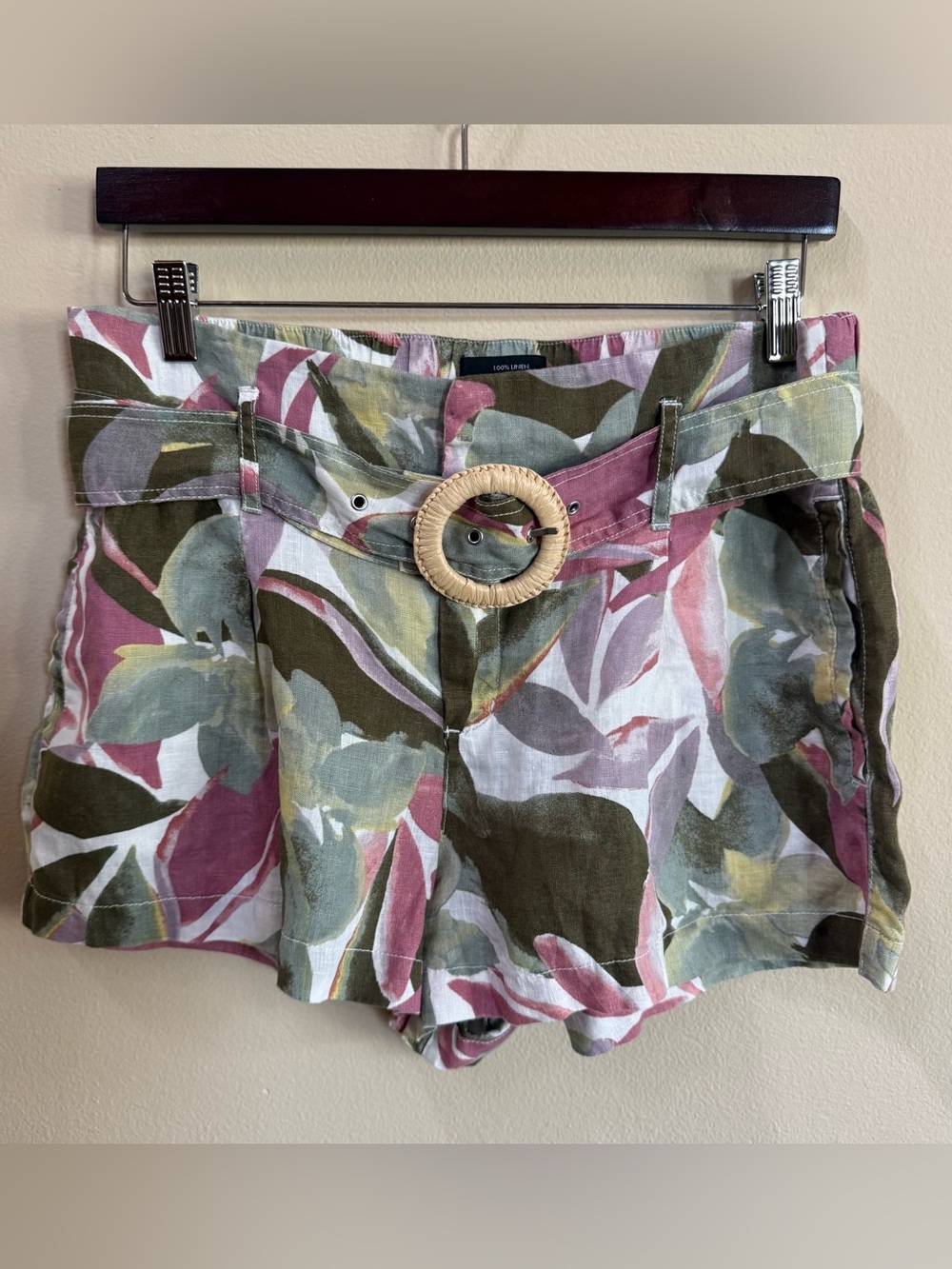 Tahari Tropical Floral High-Waist Linen-Blend Shorts in Pink & Green